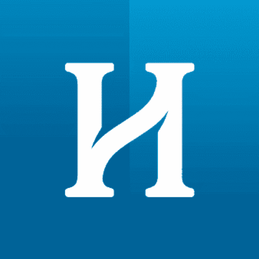 Logo des Hahne Pflegedienstes mit stilisiertem "H" auf blauem Hintergrund, symbolisiert Pflege und Vertrauen.